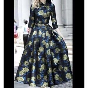 NWOT Midi Dress Floral Black Blue & Gold Collared,  Size XL